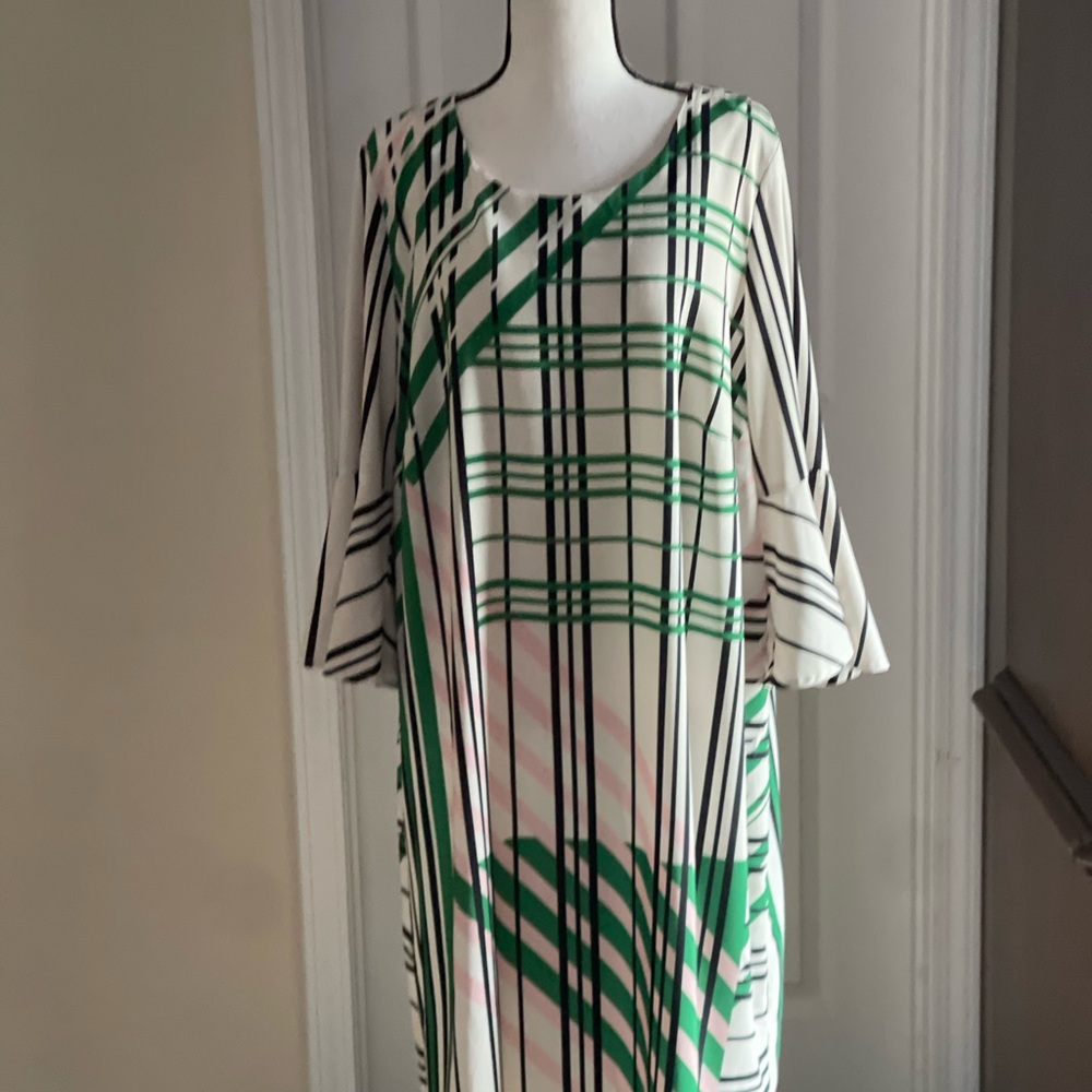 Eloquii Green and White Plaid Long Sleeve Dress